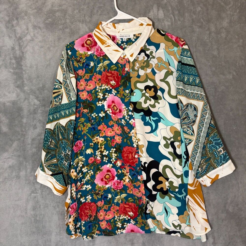 Rose + Olive Top 1X Mixed Media Floral Paisley 3/4 Sleeve Button Blouse Flowy